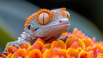 Gecko on orange flower, jungle backdrop, wildlife detail