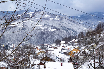 Many colorful roofs of houses in snowy mountains during winter, surrounded by snow-covered trees. A quiet countryside scene.