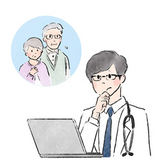 不安そうな老夫婦とオンライン診療にて問診する困った表情の男性医師