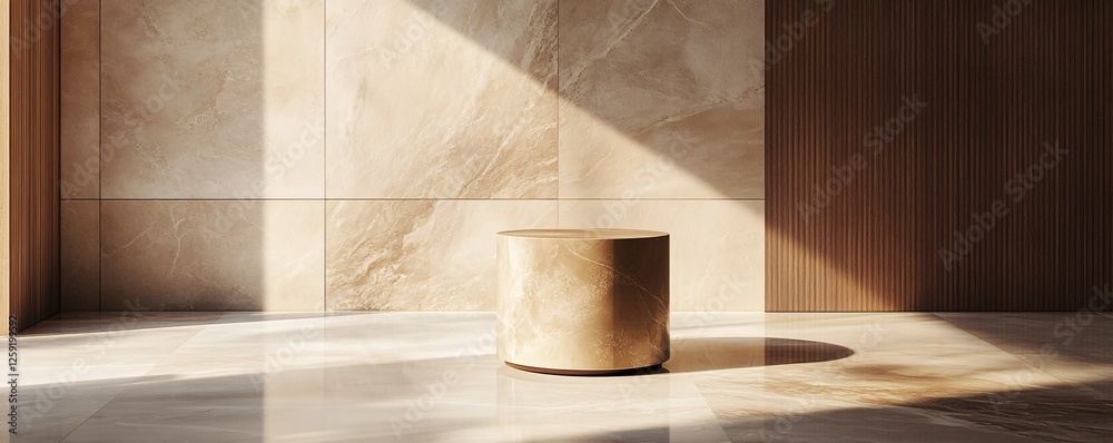 Poster golden platform illuminated by sunlight in an empty showroom