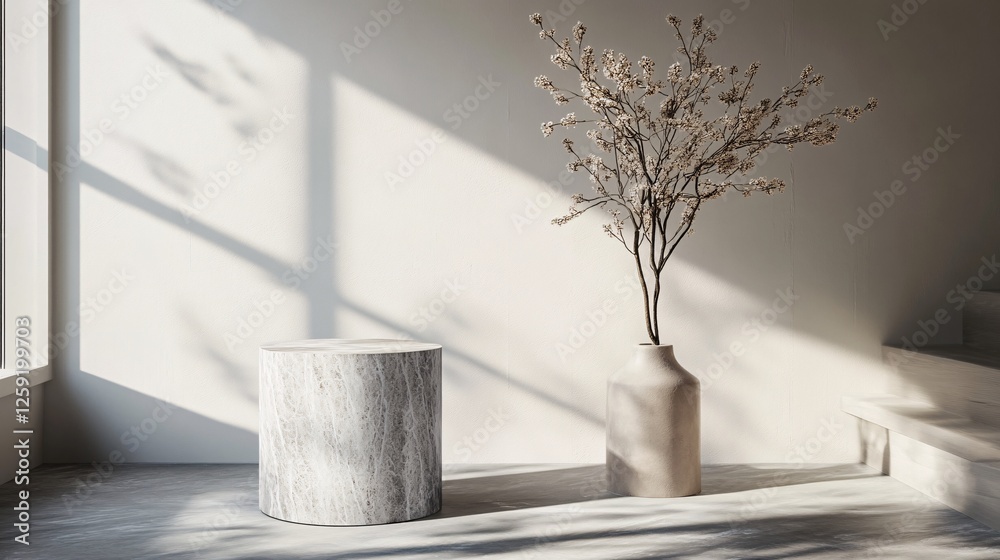 Poster Marble podium with empty cylinder displaying products and vase of dried flowers by window casting shadows