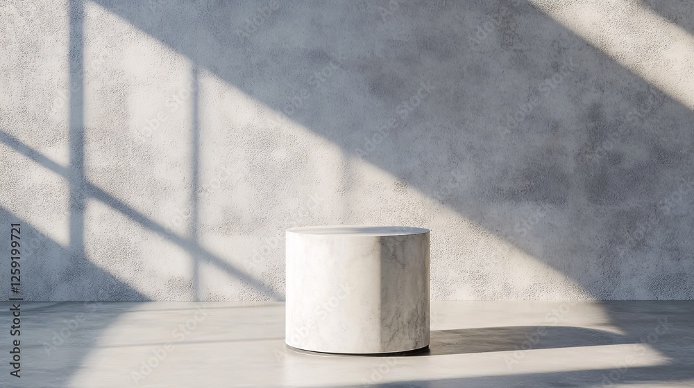 Poster 3d rendering of a white marble cylinder podium on a concrete room with sunlight from a window
