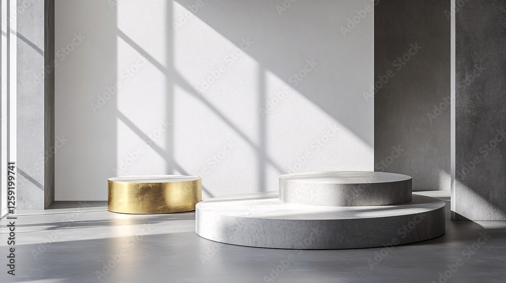 Poster minimal empty product podium stage display on concrete floor with natural sunlight for product prese