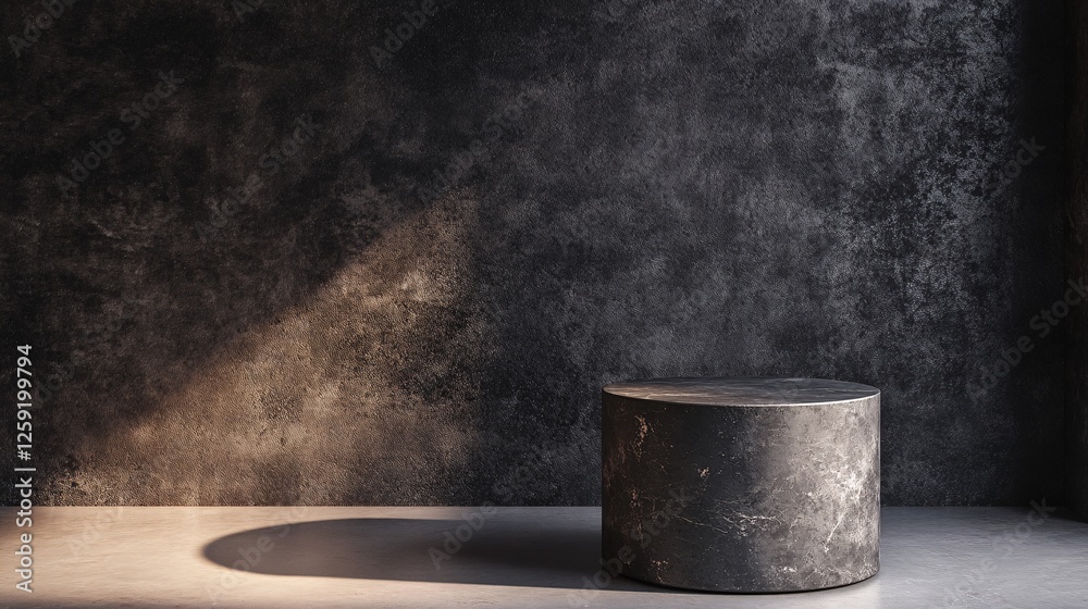 Aufkleber empty black marble podium casting a shadow on a concrete floor with a grunge textured wall in the ba
