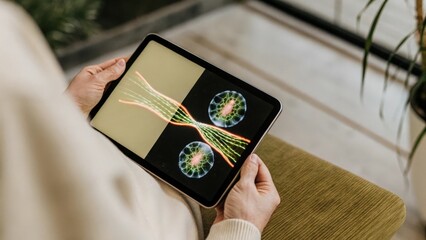 Zoomedin holographic visualization of a cell nucleus with dynamic movements revealing chromosomes enveloped in a digital interface displaying gene interactions.