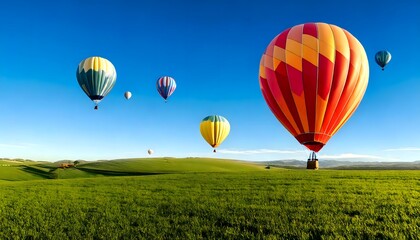 Obraz premium Vibrant hot air balloons floating over lush green fields under a clear blue sky
