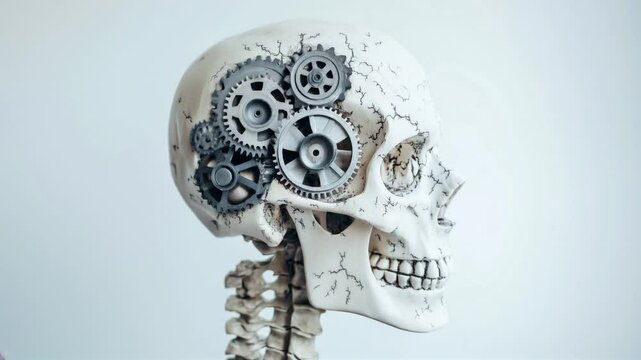 anatomical human skull model with rotating gears inside head. representing thinking in a specific linear systematical logical way