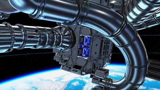 Futuristic space station with expanding metallic arms orbiting earth in high definition