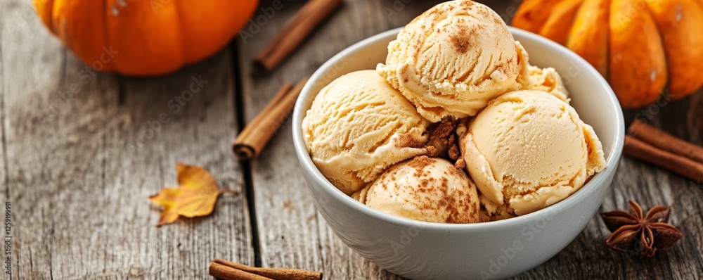 Aufkleber pumpkin ice cream in a bowl with cinnamon and fall decor on a rustic wooden surface