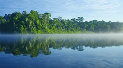 Fototapeta premium Lush Rainforest Reflected In Calm Mist Shrouded Water