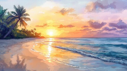Tropical Beach Scene at Golden Hour in Watercolor Style Art