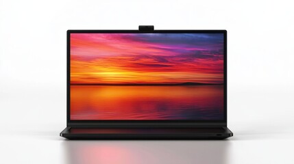 Modern Laptop Displaying Vibrant Sunset Over Calm Water Surface