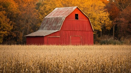 Obraz premium Red barn sits in a field of corn, peaceful and serene scene