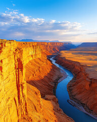 Expansive view of deep canyon with winding river at sunset