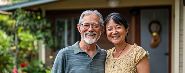 Fototapeta premium Happy senior couple smiling and posing in front of their house