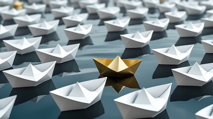 Obraz premium A golden paper boat standing out among a sea of white paper boats, symbolizing leadership, uniqueness, and innovation. A powerful metaphor for standing out from the crowd.