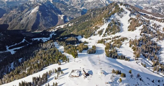 Aerial drone view of Col dei Baldi, Alleghe, in the Dolomites, Italy in daylight