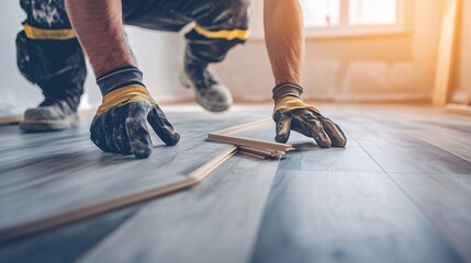 Construction worker installs laminate flooring in a house undergoing renovations