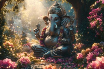 Fototapeta premium Ganesha statue, serene garden, sunrise, flowers, faith