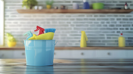 front view of bucket of cleaning item on wooden table  with blur background.ai 