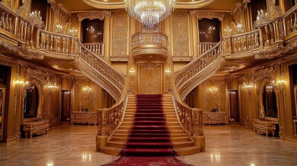 Grand mansion's opulent gold staircase, red carpet, interior design, opulent background