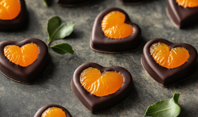 Handcrafted chocolate-dipped kumquat halves arranged in a heart design evoke artisanal flavor and culinary presentation