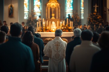 Priest leads Christmas mass, church congregation