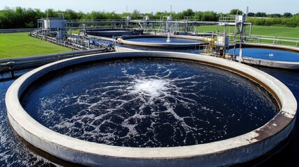 Wastewater treatment plant aeration basins, sunny day, rural setting, water purification