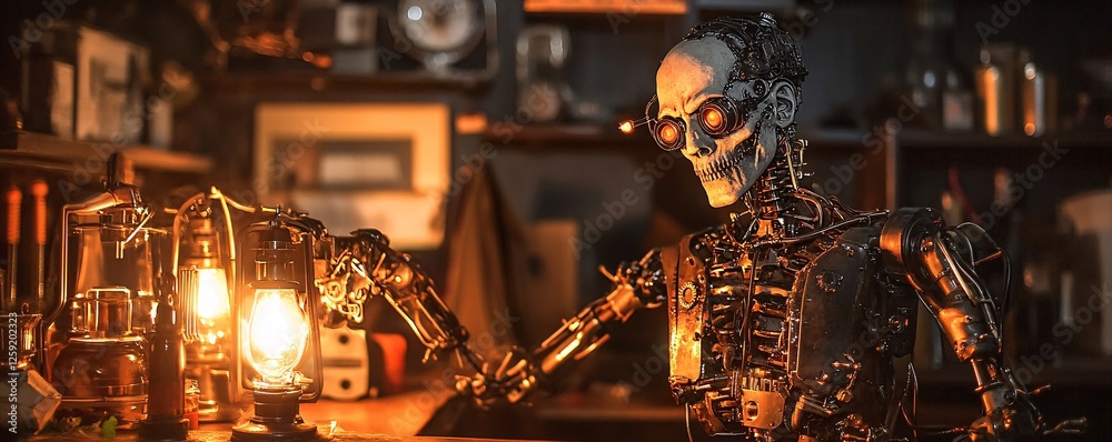 Aufkleber steampunk automaton sits at its workbench, lighting a kerosene lamp in its workshop