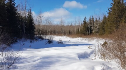 Sunny winter woodland path, snow drifts, trees, blue sky, nature travel