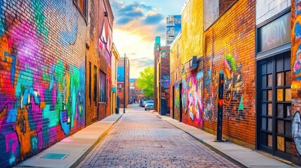 Fototapeta premium Colorful graffiti alley sunset urban street art