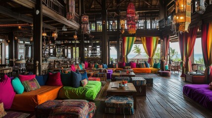 Tropical beachfront lounge, colorful pillows, ocean view, wooden interior, relaxation