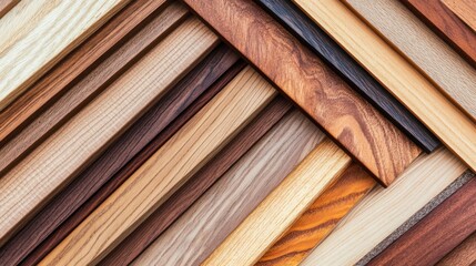 Wood samples arranged diagonally, showcasing various grains and colors, studio setting, for interior design selection