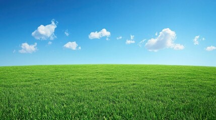 Obraz premium Sunny day, green field, blue sky, clouds, idyllic landscape, nature background, website banner