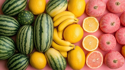 Colorful arrangement of fresh fruits including watermelons, lemons, bananas, and pink apples on a vibrant pink background