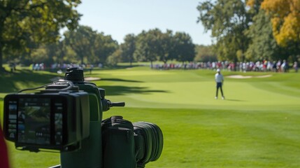 Filming golfer putting, green, spectators, sunny day, tournament