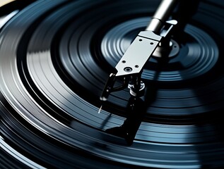 A high-resolution close-up of a vinyl record on a turntable, with the stylus needle touching the grooves. Ideal for themes of vintage music, audiophiles, and classic sound appreciation.

