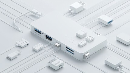 Modern White Hub with Multiple Ports and Cables on a Clean Surface