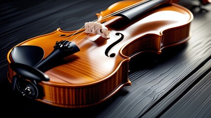 Fototapeta premium A close-up of a polished violin with intricate details and a rich wooden texture, placed on a dark background. Perfect for classical music, artistic expression, and orchestra themes.
