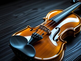 Fototapeta premium A close-up of a polished violin with intricate details and a rich wooden texture, placed on a dark background. Perfect for classical music, artistic expression, and orchestra themes.