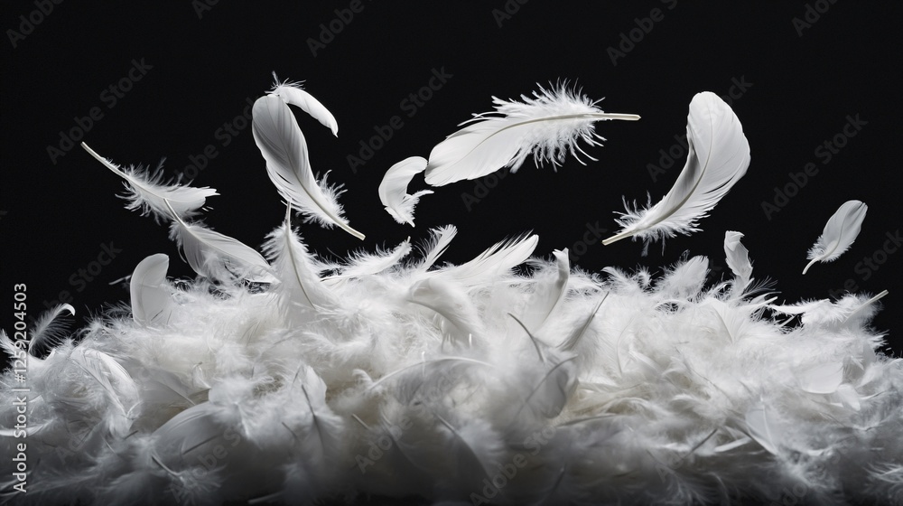 Poster white feathers cascading onto a pile of feathers against a black backdrop