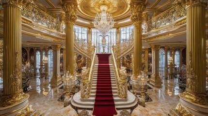 Obraz premium Grand Palace Interior Red carpet staircase, opulent gold decor, sunlit background, luxury real estate