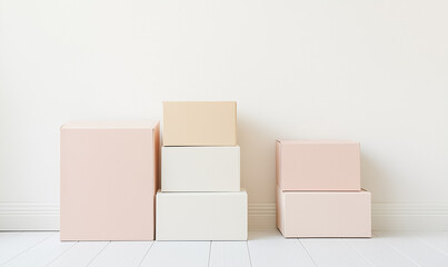 Neatly stacked boxes arranged in front of a blank white wall, ideal for minimalist design.
