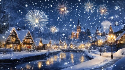 Naklejka premium Snowy village, fireworks, winter night, celebration, festive card