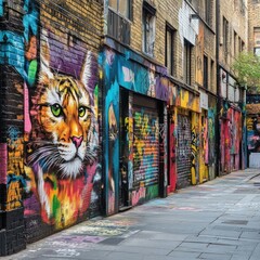 Naklejka premium Colorful London alley mural, cat graffiti, urban art, street scene, tourism