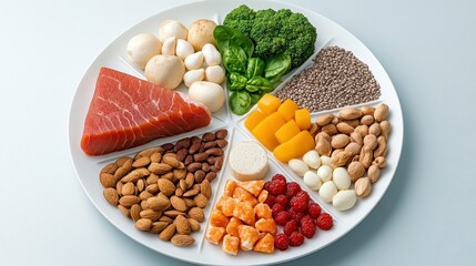 Healthy Food Plate: Balanced Diet with Salmon, Broccoli, and Nuts