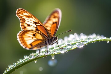 Butterfly resting on a dew covered leaf on a green background