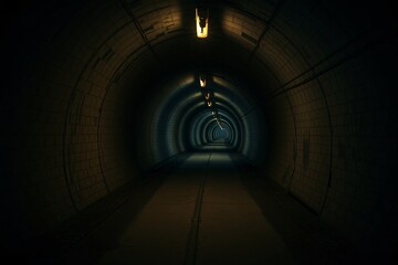 Dark underground tunnel illuminated by minimal lights in the distance