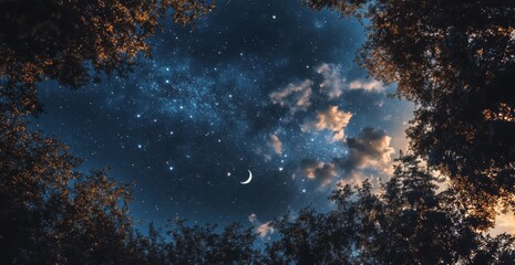 Starry night sky seen through trees, crescent moon, clouds.  Nature background