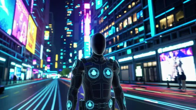 Futuristic neon cityscape with humanoid robot walking through vibrant digital street - Powered by Adobe